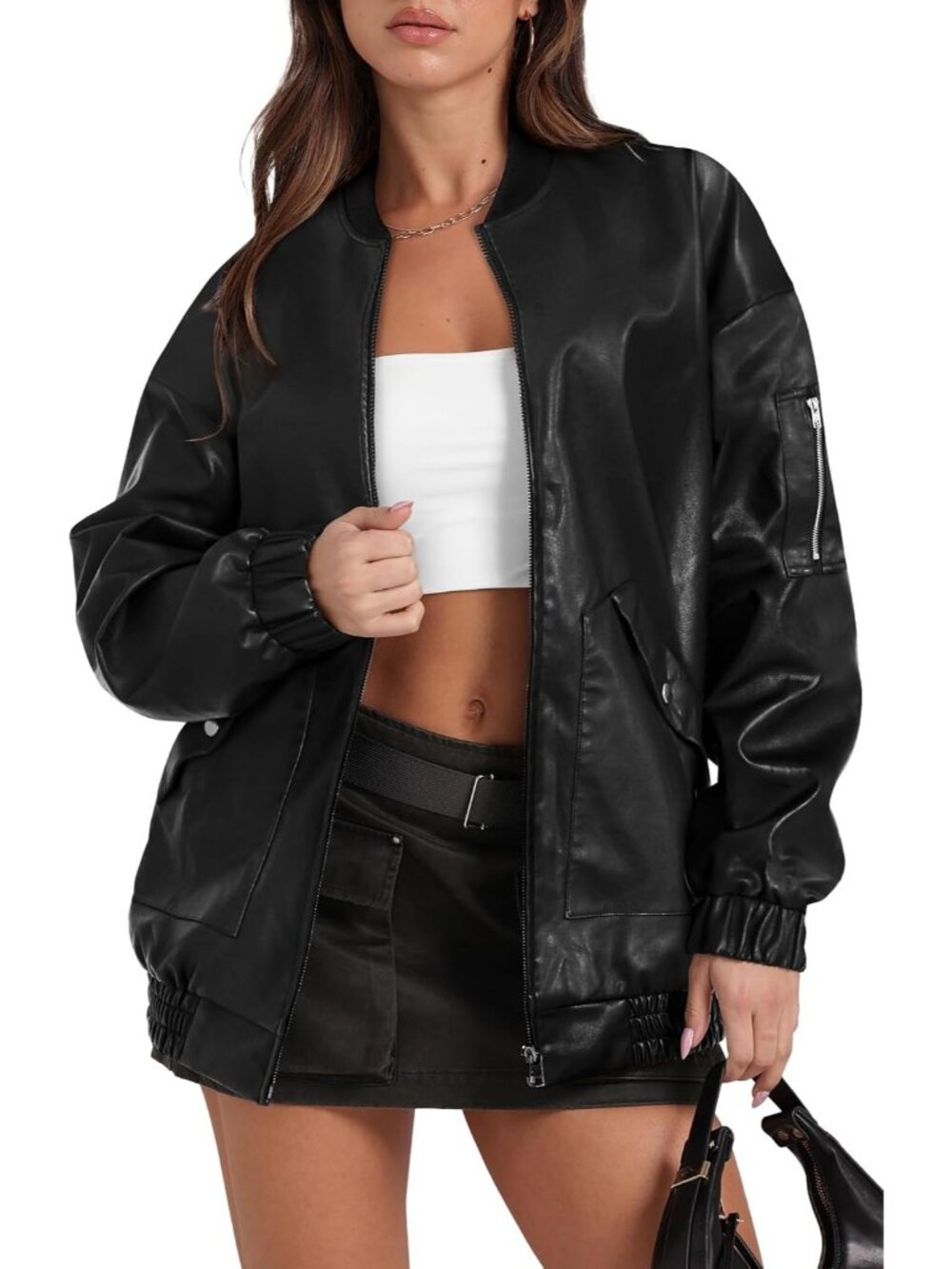 Women's Leather Black Jacket Oversized Motorcycle Bomber Coats Fashion Outfits